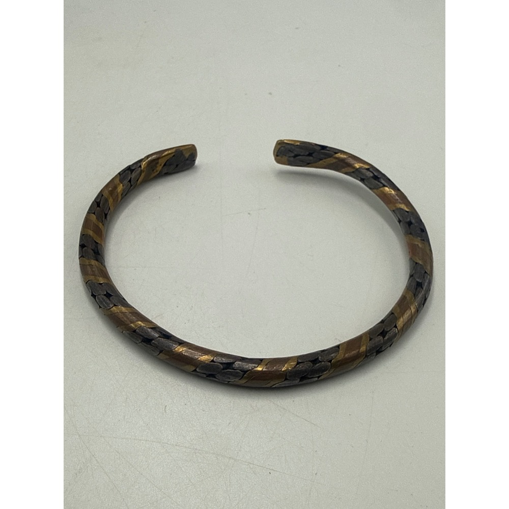 Mixed Metal Tri-Color Braided Cuff Bracelet Copper Brass Silver Tone Woven Boho‎